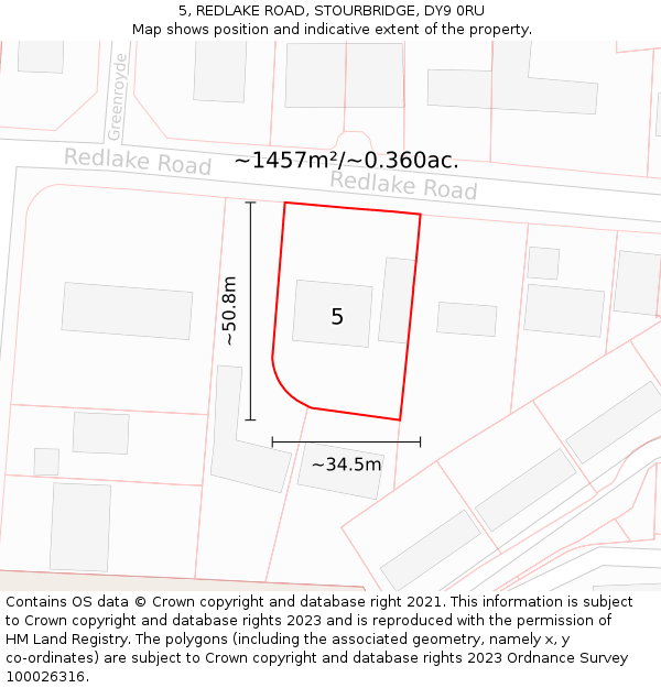 5, REDLAKE ROAD, STOURBRIDGE, DY9 0RU: Plot and title map