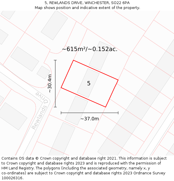 5, REWLANDS DRIVE, WINCHESTER, SO22 6PA: Plot and title map