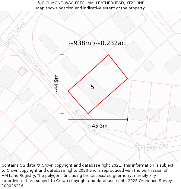 5, RICHMOND WAY, FETCHAM, LEATHERHEAD, KT22 9NP: Plot and title map