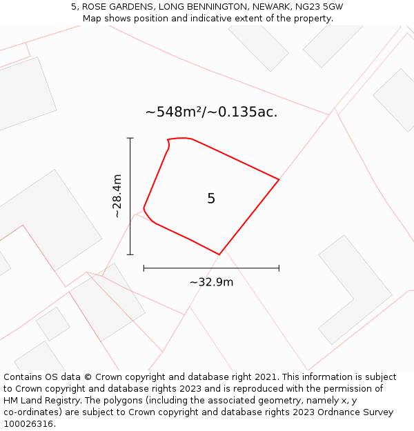 5, ROSE GARDENS, LONG BENNINGTON, NEWARK, NG23 5GW: Plot and title map