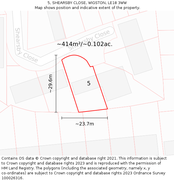 5, SHEARSBY CLOSE, WIGSTON, LE18 3WW: Plot and title map