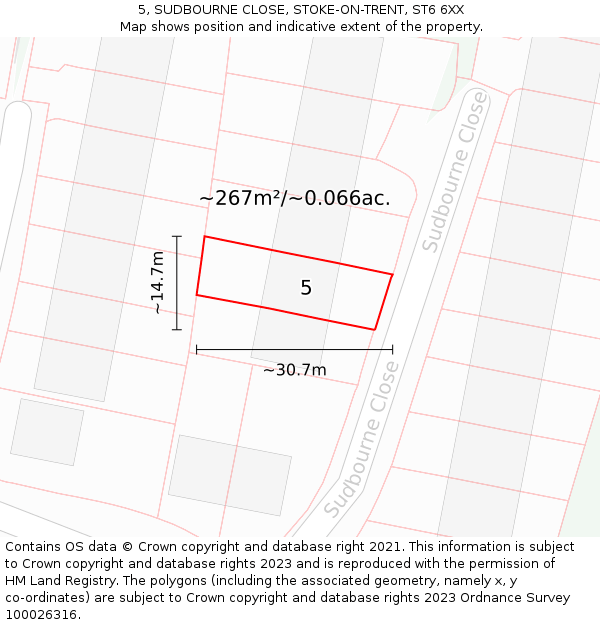 5, SUDBOURNE CLOSE, STOKE-ON-TRENT, ST6 6XX: Plot and title map