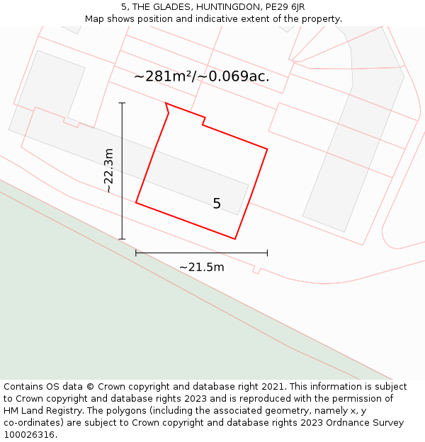 5, THE GLADES, HUNTINGDON, PE29 6JR: Plot and title map