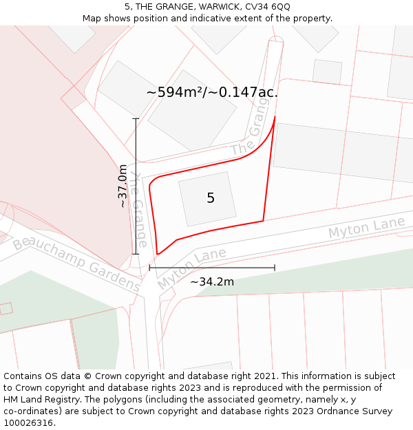 5, THE GRANGE, WARWICK, CV34 6QQ: Plot and title map