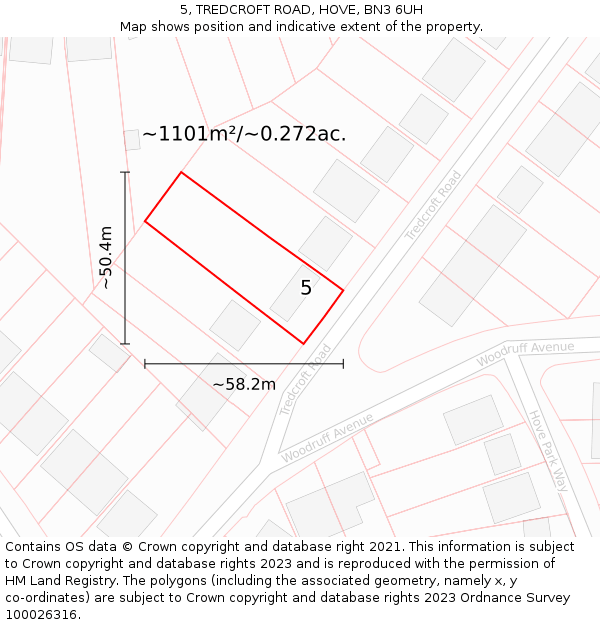 5, TREDCROFT ROAD, HOVE, BN3 6UH: Plot and title map