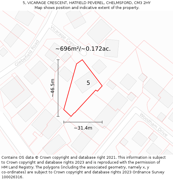 5, VICARAGE CRESCENT, HATFIELD PEVEREL, CHELMSFORD, CM3 2HY: Plot and title map