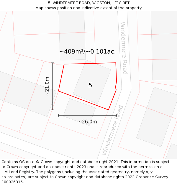 5, WINDERMERE ROAD, WIGSTON, LE18 3RT: Plot and title map