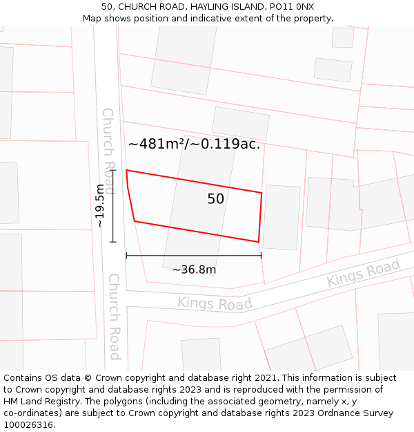 50, CHURCH ROAD, HAYLING ISLAND, PO11 0NX: Plot and title map