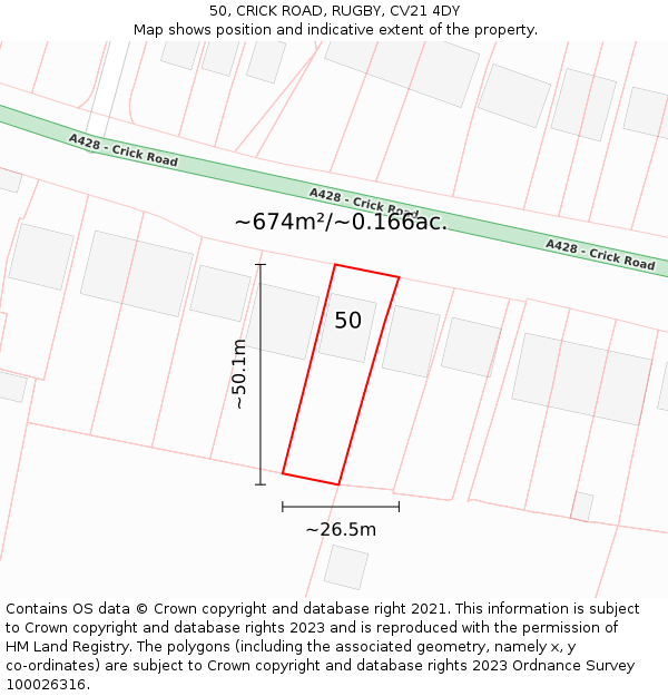 50, CRICK ROAD, RUGBY, CV21 4DY: Plot and title map