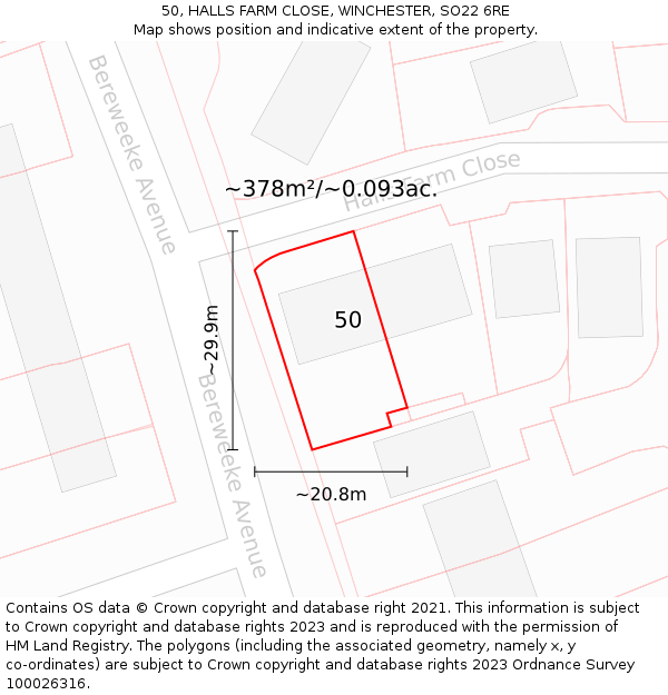 50, HALLS FARM CLOSE, WINCHESTER, SO22 6RE: Plot and title map