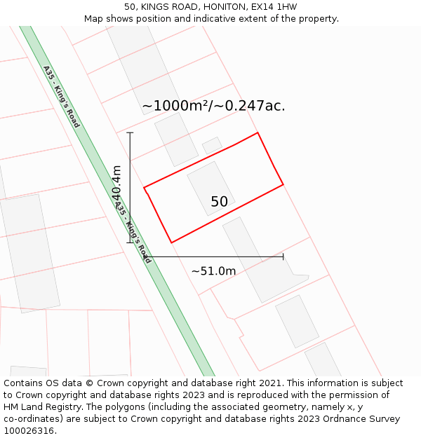 50, KINGS ROAD, HONITON, EX14 1HW: Plot and title map