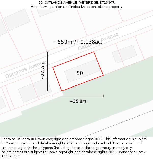 50, OATLANDS AVENUE, WEYBRIDGE, KT13 9TR: Plot and title map