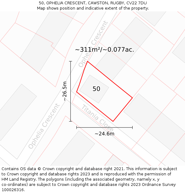 50, OPHELIA CRESCENT, CAWSTON, RUGBY, CV22 7DU: Plot and title map