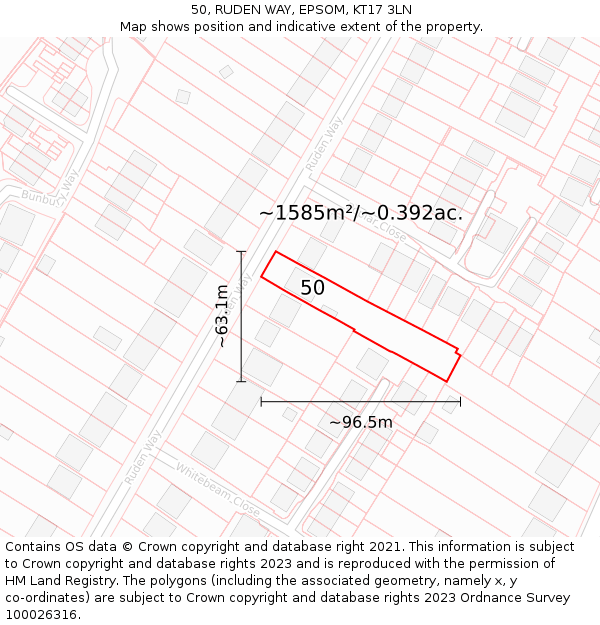 50, RUDEN WAY, EPSOM, KT17 3LN: Plot and title map