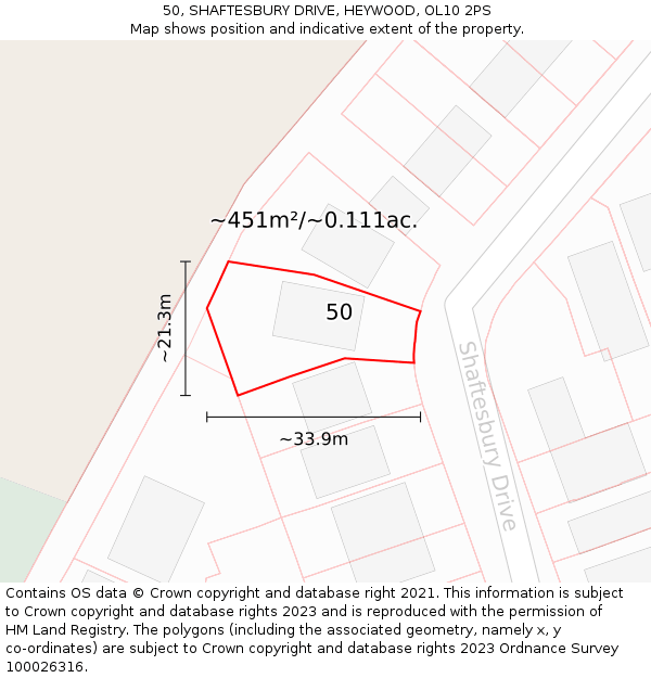 50, SHAFTESBURY DRIVE, HEYWOOD, OL10 2PS: Plot and title map
