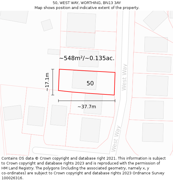 50, WEST WAY, WORTHING, BN13 3AY: Plot and title map