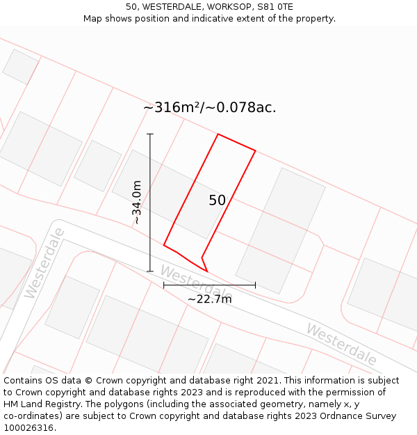 50, WESTERDALE, WORKSOP, S81 0TE: Plot and title map