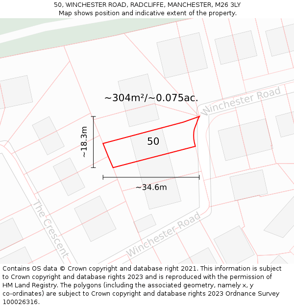 50, WINCHESTER ROAD, RADCLIFFE, MANCHESTER, M26 3LY: Plot and title map