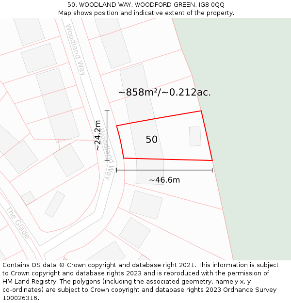 50, WOODLAND WAY, WOODFORD GREEN, IG8 0QQ: Plot and title map