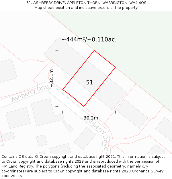 51, ASHBERRY DRIVE, APPLETON THORN, WARRINGTON, WA4 4QS: Plot and title map