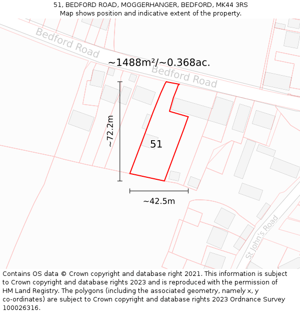 51, BEDFORD ROAD, MOGGERHANGER, BEDFORD, MK44 3RS: Plot and title map