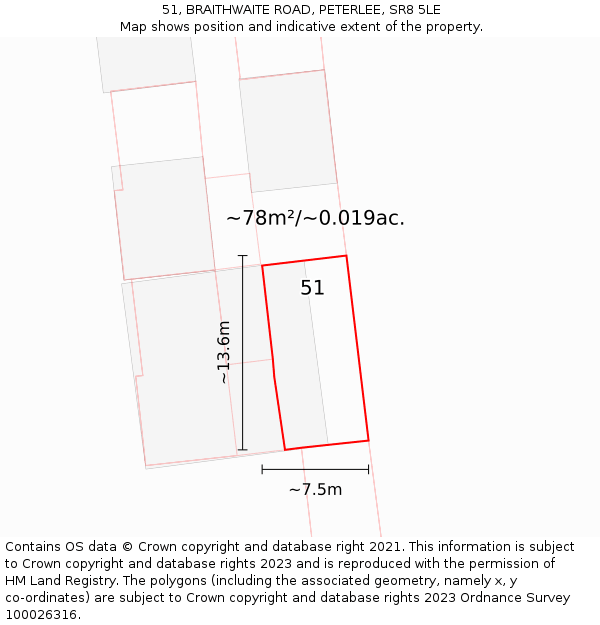 51, BRAITHWAITE ROAD, PETERLEE, SR8 5LE: Plot and title map