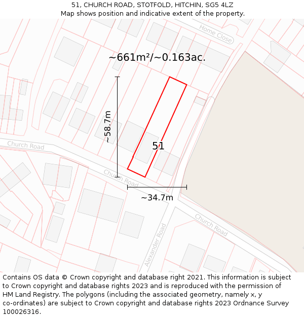 51, CHURCH ROAD, STOTFOLD, HITCHIN, SG5 4LZ: Plot and title map