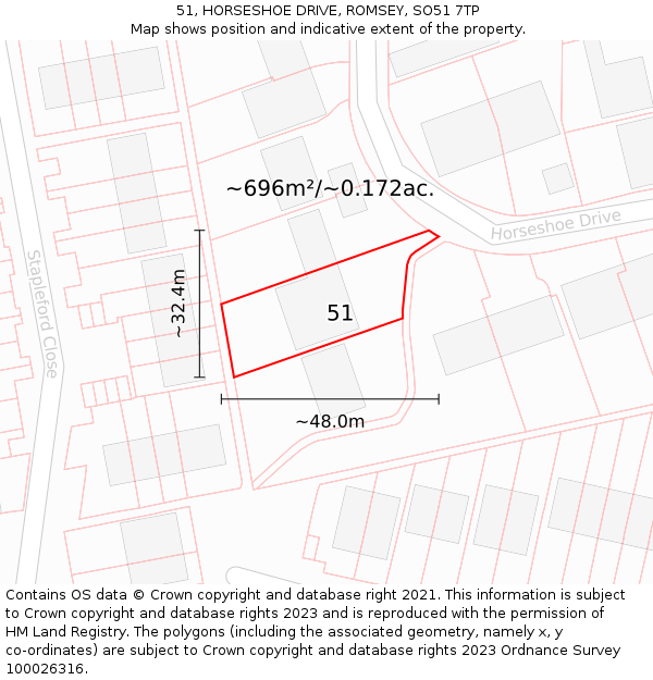 51, HORSESHOE DRIVE, ROMSEY, SO51 7TP: Plot and title map