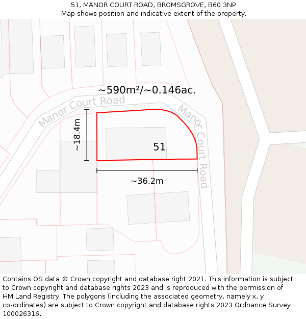 51, MANOR COURT ROAD, BROMSGROVE, B60 3NP: Plot and title map