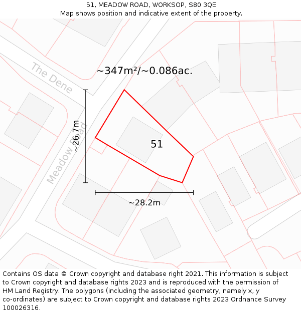 51, MEADOW ROAD, WORKSOP, S80 3QE: Plot and title map