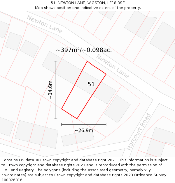 51, NEWTON LANE, WIGSTON, LE18 3SE: Plot and title map