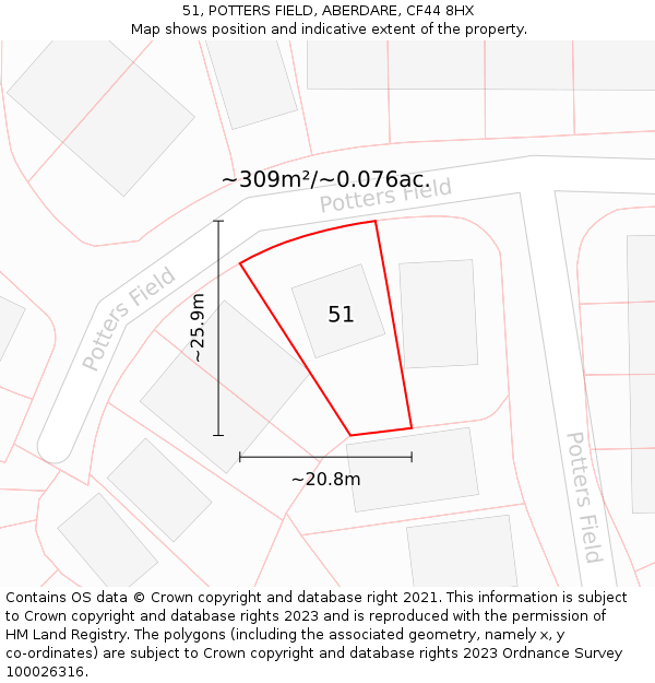 51, POTTERS FIELD, ABERDARE, CF44 8HX: Plot and title map