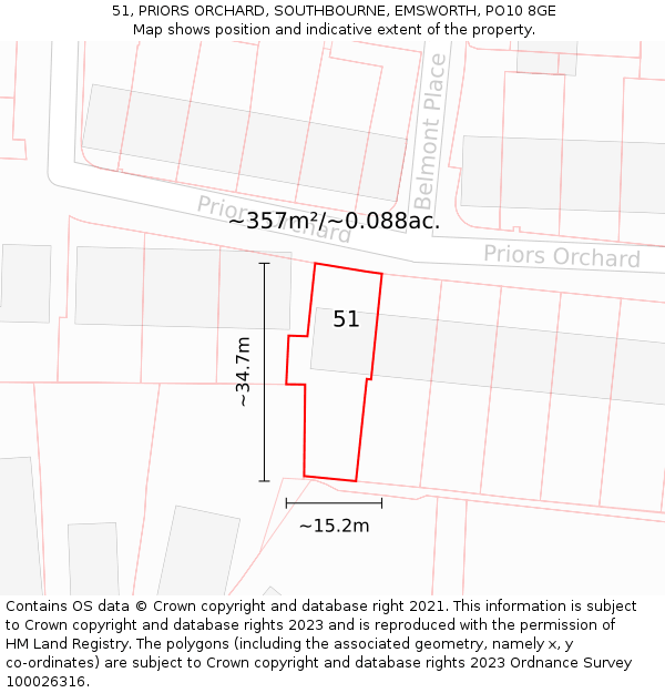 51, PRIORS ORCHARD, SOUTHBOURNE, EMSWORTH, PO10 8GE: Plot and title map