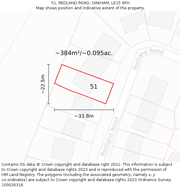 51, REDLAND ROAD, OAKHAM, LE15 6PH: Plot and title map