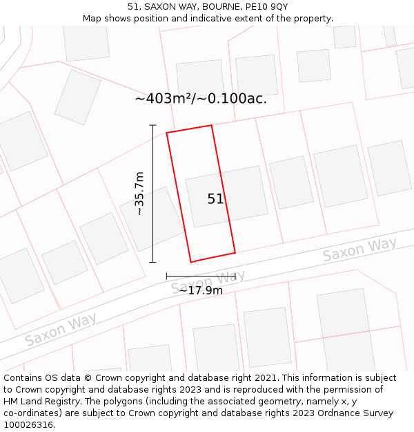 51, SAXON WAY, BOURNE, PE10 9QY: Plot and title map