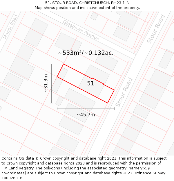 51, STOUR ROAD, CHRISTCHURCH, BH23 1LN: Plot and title map