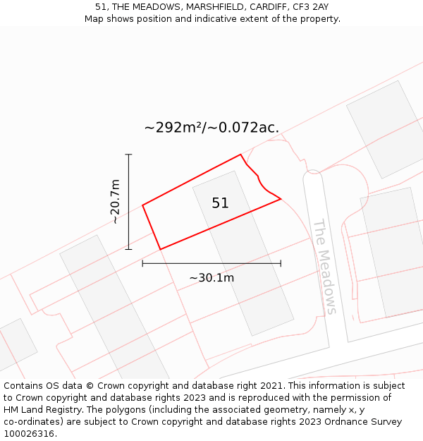 51, THE MEADOWS, MARSHFIELD, CARDIFF, CF3 2AY: Plot and title map