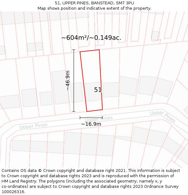 51, UPPER PINES, BANSTEAD, SM7 3PU: Plot and title map