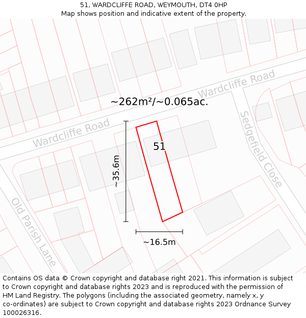 51, WARDCLIFFE ROAD, WEYMOUTH, DT4 0HP: Plot and title map