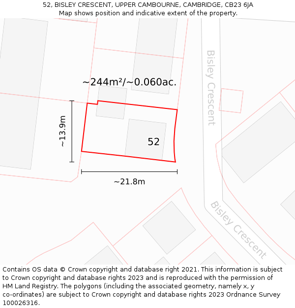 52, BISLEY CRESCENT, UPPER CAMBOURNE, CAMBRIDGE, CB23 6JA: Plot and title map