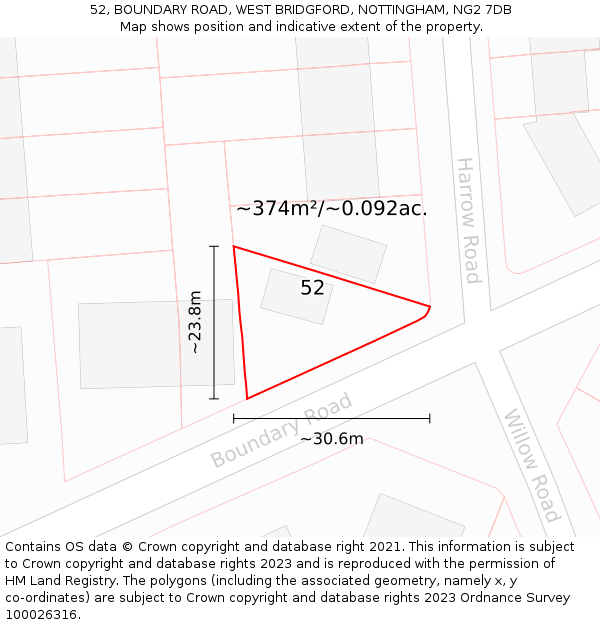 52, BOUNDARY ROAD, WEST BRIDGFORD, NOTTINGHAM, NG2 7DB: Plot and title map
