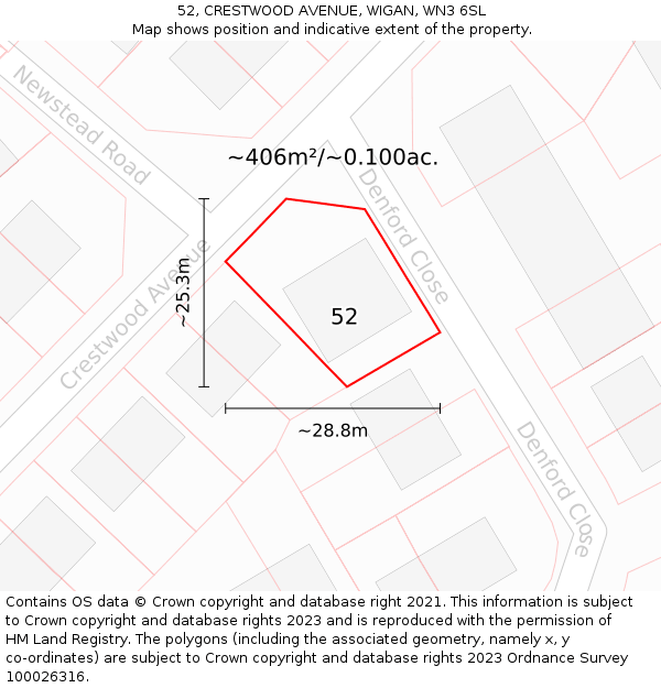 52, CRESTWOOD AVENUE, WIGAN, WN3 6SL: Plot and title map