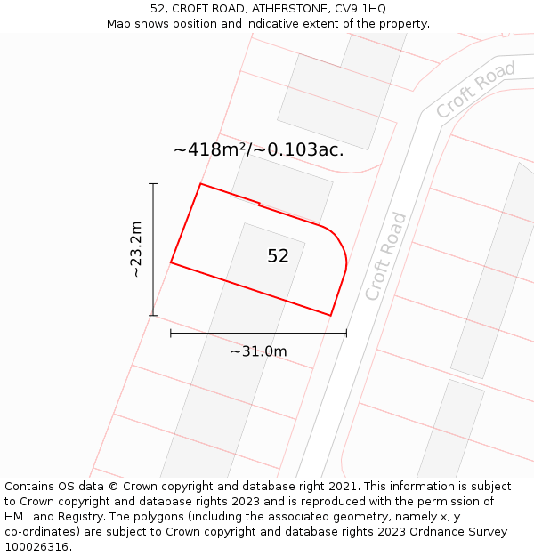 52, CROFT ROAD, ATHERSTONE, CV9 1HQ: Plot and title map