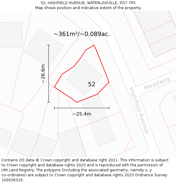 52, HIGHFIELD AVENUE, WATERLOOVILLE, PO7 7PX: Plot and title map
