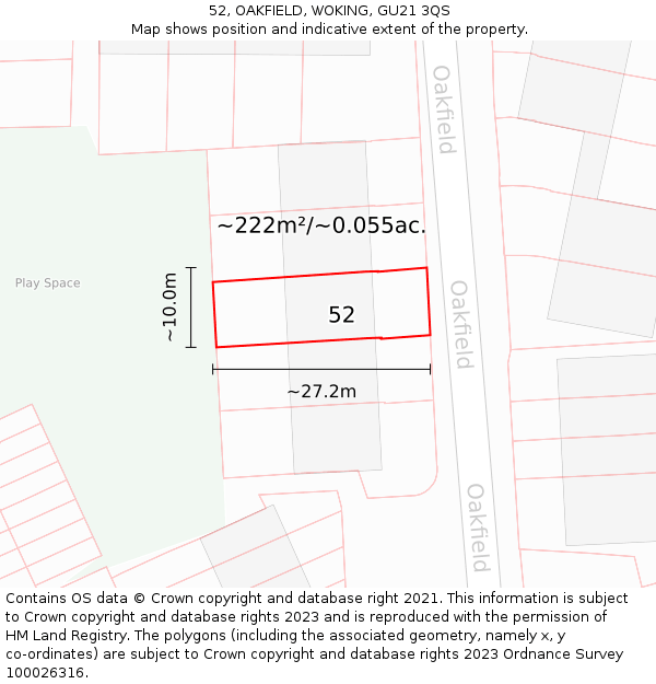 52, OAKFIELD, WOKING, GU21 3QS: Plot and title map