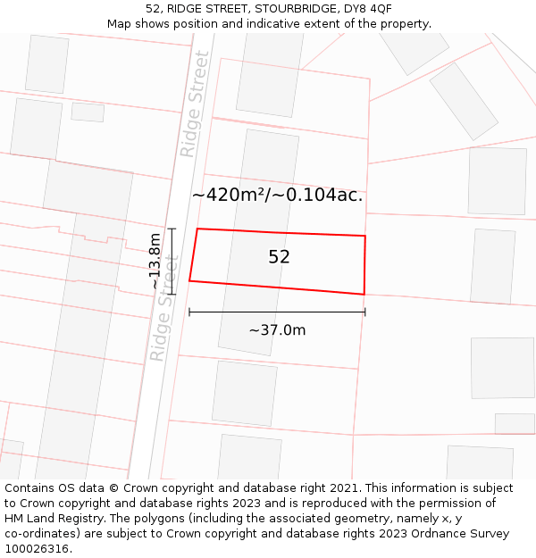 52, RIDGE STREET, STOURBRIDGE, DY8 4QF: Plot and title map