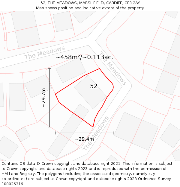 52, THE MEADOWS, MARSHFIELD, CARDIFF, CF3 2AY: Plot and title map