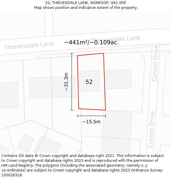 52, THIEVESDALE LANE, WORKSOP, S81 0NF: Plot and title map