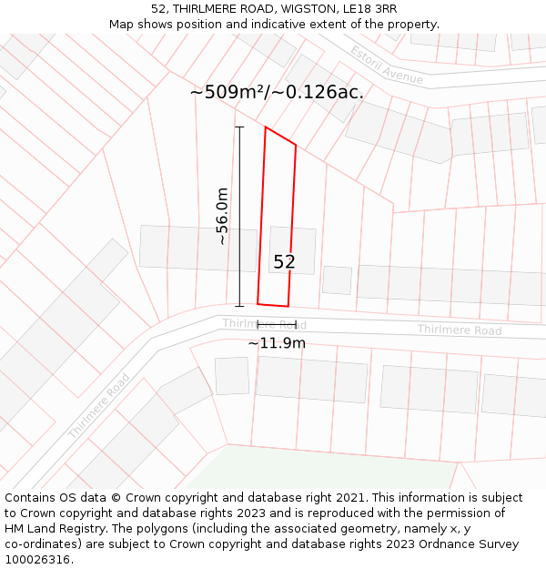 52, THIRLMERE ROAD, WIGSTON, LE18 3RR: Plot and title map