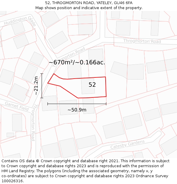 52, THROGMORTON ROAD, YATELEY, GU46 6FA: Plot and title map